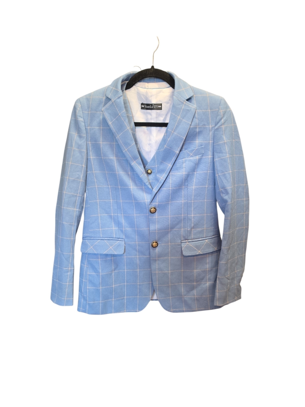 YuanLu Boys Light Blue Plaid/Windowpane Formal Blazer And Vest Size 12Y